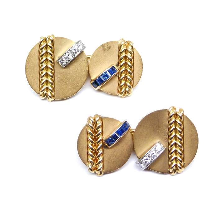 Pair of mid-20th century gold, sapphire and diamond cufflinks